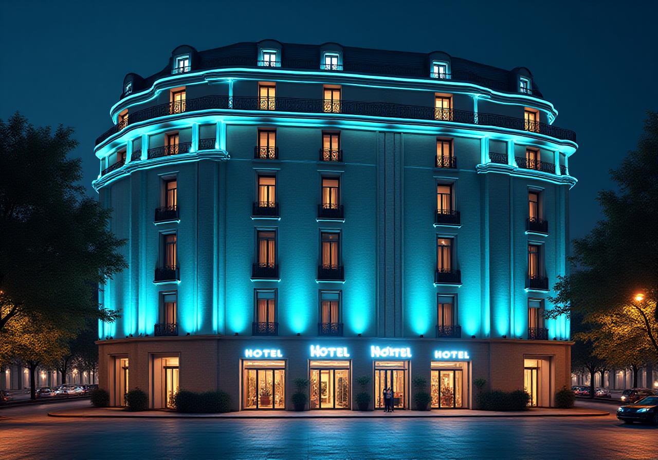La façade majestueuse de Axiom Hotel à Paris sous un éclairage nocturne néon