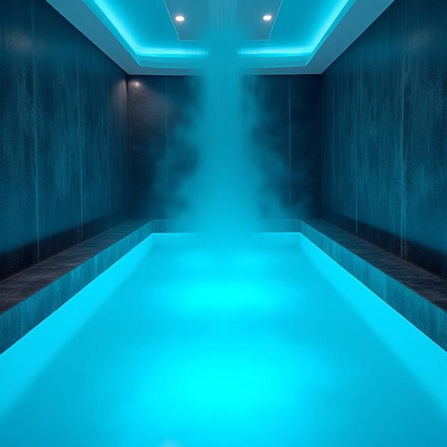 Spa futuriste avec éclairage bleu profond